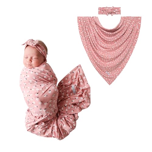 Posh Peanut Swaddle Blanket & Headband Set – Viscose from Bamboo Stretchy Baby Swaddle for Newborn Girls, Receiving Blanket or Nursing Cover (Emmilene)