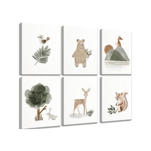 6 Pieces With Woodland Nursery Canvas Wall Art Neutral Sage Green Bohemian Minimalist Forest Animals Paintings Pictures Wall Decor Poster Print Artwork For Kids Room Baby Room Boys Girls Bedroom