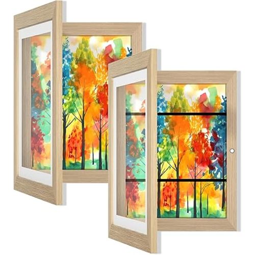 Orionstar Kids Art Frames, Artwork Picture Frames Changeable, Front Opening Picture Display Frames 11.8X8.5 Holds 100 A4 Pcs, Artwork Display Storage Frames for Children, Home and Office, (Wood 2