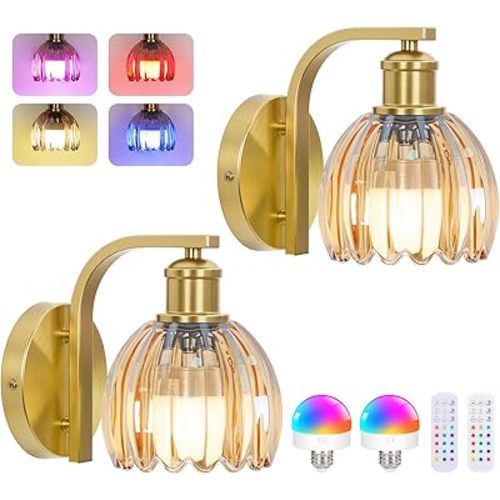 Rechargeable Battery Operated Wall Sconce Set of Two with Amber Glass Lampshade, Wireless Wall Scone Decor with Remote Control, 15 Colors Gold Wall Light for Bedside Hallway Bedroom Doorway