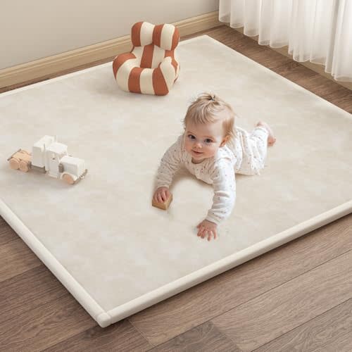 Baby Play Mat for Floor – 1.3 Inch Thick Memory Foam, Soft Coral Fleece Surface, Non-Slip Bottom – Perfect for Playtime, Tummy Time & Nursery, 50''x50''