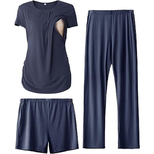 SUNNYBUY Womens Maternity Nursing Pajamas Set, Short Sleeve Breastfeeding Shirts,Pregnancy Shorts & Pants 3 Piece Nursing PJS
