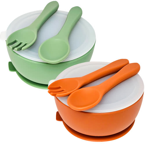 HippoBaby 6 Piece Silicone Suction Baby/Toddler Bowl Set with 2 Bowls, 2 Spoons, 2 Forks, Safe Food Grade Silicone, Soft on Gums (Autumn/Mint)