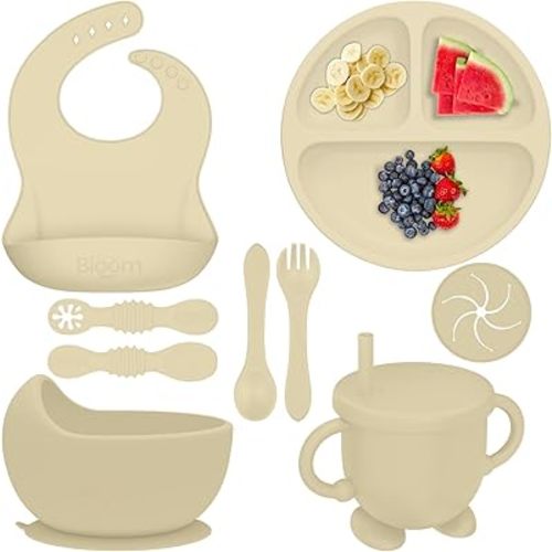 10 pc Premium Silicone Baby Feeding Set, Baby Led Weaning Supplies, Suction Bowl, Suction Plate, 3 in 1 Cup, Bib, Stage 1 and 2 Spoon & Fork, Toddler weaning supplies, Baby feeding essentials