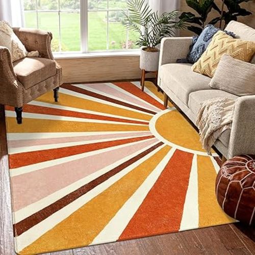 LIVEBOX Sun Boho Rug 5x7 Large Washable Retro Orange Rug for Living Room Office,Non-Slip Throw Area Rug Kids Rug for Bedroom,Extra Soft Nursery Rug Classroom Rug