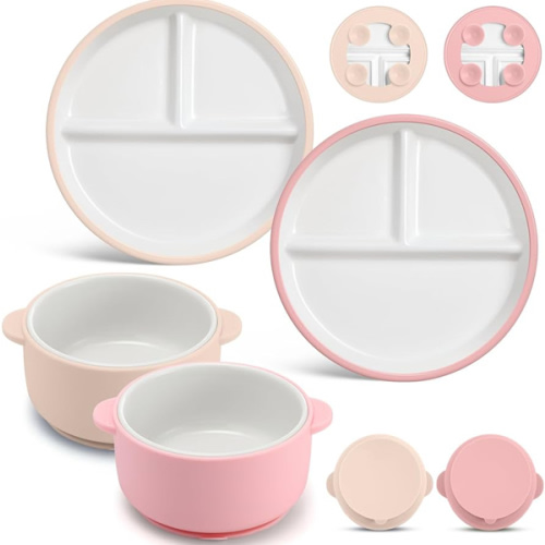 Domensi 4 Pcs Porcelain Kids Plates and Bowls Sets with Suction, 2 Ceramic Toddler Divided Plates 2 Baby Anti Slip Silicone Sleeve Bowls for Feeding Supplies Microwave Dishwasher Safe (Pink,Beige)