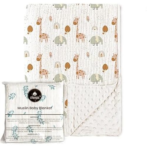 Chungie Soft Baby Blanket – 100% Cotton Muslin Front & Plush Minky Fleece Back, Multi-Layer Blanket for Baby Boys & Girls, 40x30 in Nursery Bed Blanket, Newborn & Toddler Use