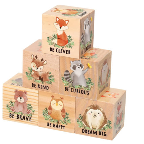 Vertintong 6 Pcs 1.6 Inch Inspirational Woodland Nursery Decor Animals Wall Decor Stuff Wooden Forest Animals Bear Raccoon Lion Fox Block Safari Creature Table Decoration