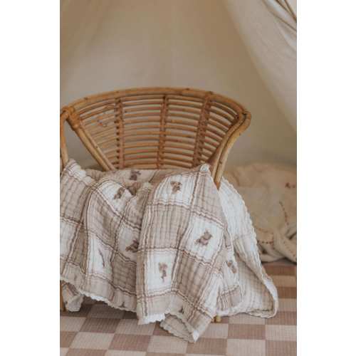 Burrow | Cotton Gauze Blanket | Jumping Bunny Rabbits Pattern, Cottage Core, Vintage Beige, Cozy Checkered