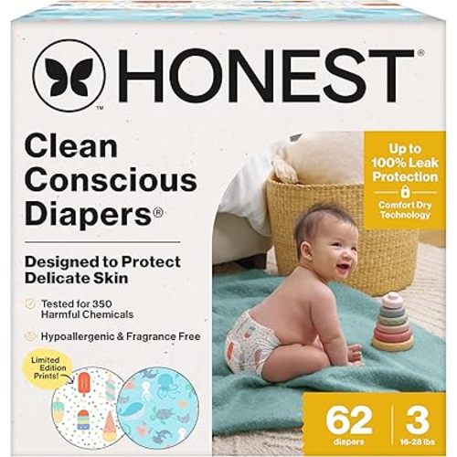 The Honest Company Clean Conscious Diapers for Sensitive Skin | Up to 100% Leakproof | Hypoallergenic, Fragrance Free | Summer '25 Limited Edition Prints | Club Box, Size 3 (16-28 lbs), 62 Count