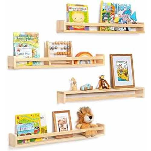 Fun Memories Nursery Book Shelves - Rustic Natural Solid Wood Floating Bookshelf for Kids - Wall Book Shelves for Kids Room (Natural, 32inch - 4P)