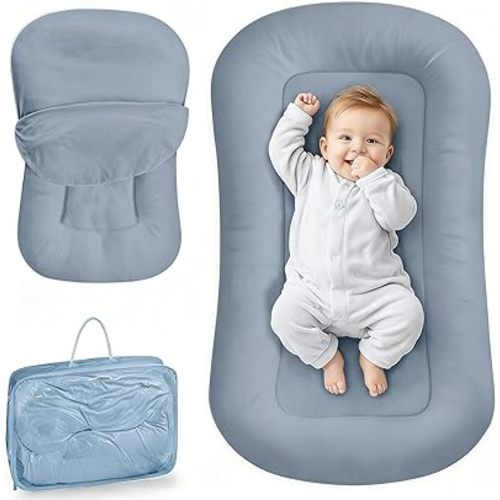 Infant Support Cushion - Baby Lounger for Newborn, 0-24 Months, Breathable Cotton Fabric Infant Support Cushion, Portable Newborn Essentials for Home and Travel, GrayishBlue (Cover Included)