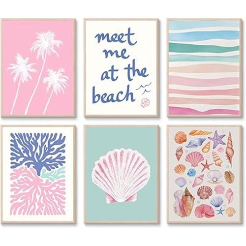 6 Pcs Coastal Beachy Wall Art Tropical Summer Shell Ocean Paintings Prints Posters Trendy Pink Preppy Palm Tree Canvas Wall Decor Aesthetic for Bedroom Living Room Dorm Apartment 8x10inch Unframed