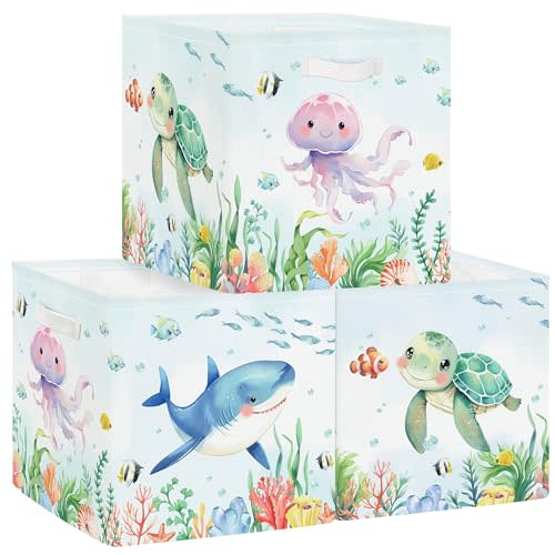HUUMONSS 11.8" Sea Animals Storage Cube Organizer Shark Turtle Jellyfish Clothes Storage Basket Bin for Closet Shelf Stingray Seaweed Nursery Kid Room Book Toy Chest, 3Pcs