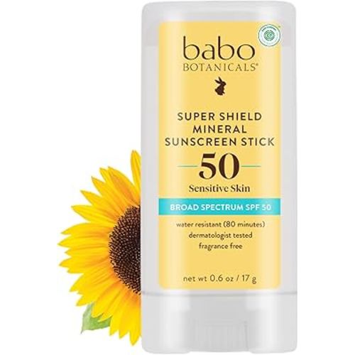 Babo Botanicals Super Shield SPF 50 Stick Sunscreen - 70% Organic Ingredients - Natural Zinc Oxide - for All Ages - NSF & Made Safe Certified - EWG Verified - Water Resistant - Fragrance-Free