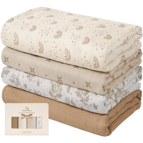 Yoofoss Muslin Swaddle Blankets, 4-Pack Receiving Blankets for Baby Boys and Girls, 47 x 47 Inches Baby Neutral Swaddle Wrap 70% Rayon from Bamboo and 30% Organic Cotton