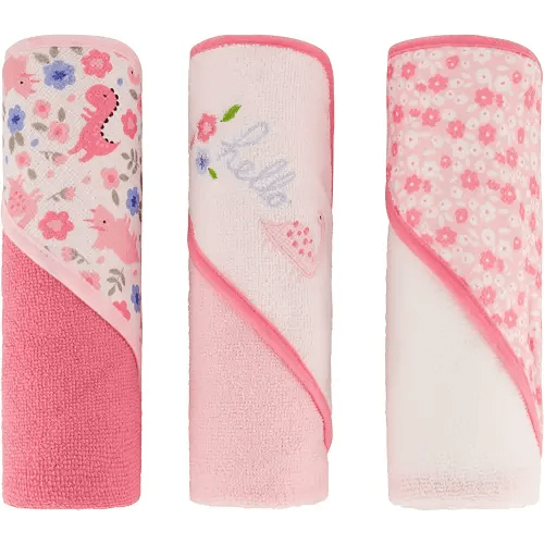 Cudlie Buttons & Stitches Baby Girl 3 Pack Bath Towels Rolled/Carded Hooded Towels in Butterfly Polka Prin - Hello Floral Dino