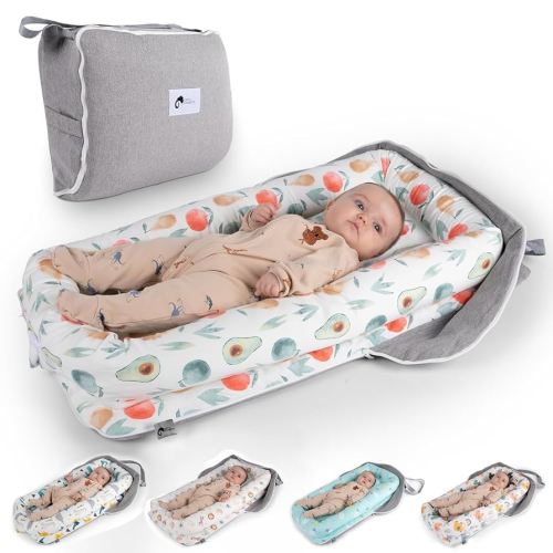 Joyful Journeys Baby Lounger - 2 in 1 Infant Lounger Baby Nest/Diaper Organizer - 100% Cotton Baby Lounger Pillow - Portable Baby Lounger Travel Bed - Newborn Essential - 0-18 Months (Green Avocado)