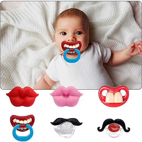 AUSTUFF 6Pack Funny Baby Pacifier Lips Mustache Silicone BPA-Free | Funny lips & mustache design, perfect for photos & baby showers. Made of food-grade silicone. Soothes teething gums.