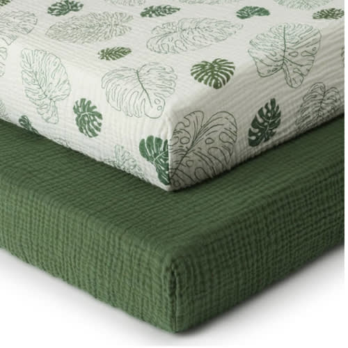Blissful Diary Muslin Crib Sheets for Girl Boy, Boho Neutral Soft Cotton Baby Sheet for 52''x28'' Standard Crib Mattress, 2 Pack(Monstera&Dark Green)