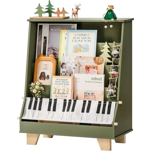ROBOTIME Kids Bookshelf, 4 Tier Nursery Book Shelves with Toy Storage, Natural Wood Kids Bookcase Front and Back Storage, Toddler Bookshelf for Boys, Girls, Kids Room, Gift for Ages 3+ (Green)