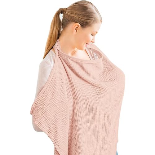 Konssy Muslin Nursing Cover for Baby Breastfeeding, Breathable 100% Cotton Breastfeeding Cover with Rigid Hoop for Mother Nursing Apron, Multi-use Carseat Canopy (Pink)