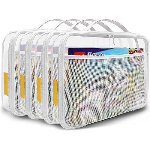 holay 4 Packs PVC Zippered Blocks Set, Toy, Clay, Board game Storage Organizer Case (Name Tag, Manual Pocket) (White, Large)
