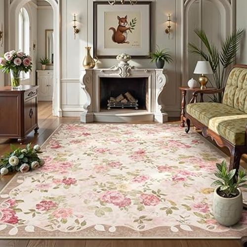 Lahome Vintage Floral 8x10 Area Rugs,Large Rugs for Living Room Boho Area Rug Machine Washable, Low Pile Pink Rugs for Bedroom Girls Carpet for Nursery Rug Playroom Dining Room(8'X10',Beige)
