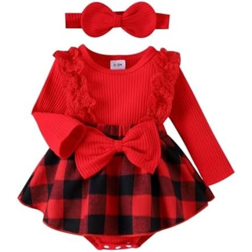 Baby Girl Clothes Fall Winter Outfit Plaid Romper Long Sleeve Dress Lace Ruffles Bodysuit with Bow Headband