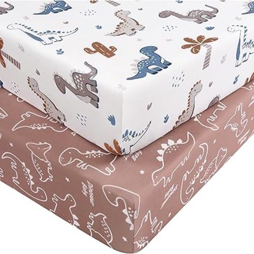 Baby Crib Sheets for Boys and Girls, Fitted Crib Sheets 52" x 28", Soft Breathable Microfiber Sheets for Standard Crib and Toddler Mattress, 2-Pack Brown Dinosaur
