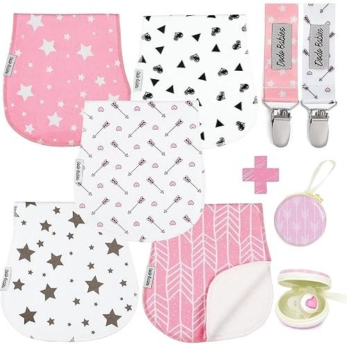 Dodo Babies 5-Pack Baby Burp Cloths – Soft, Absorbent Organic Muslin Burp Cloths – Includes Pacifier Case and 2 Pacifier Clips – Colors: Pink, White and Grey - Pacifier Clip