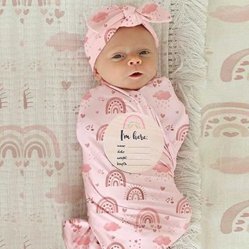 Ylsteed Baby Swaddle Blanket and Headband Set, Newborn Receiving Blanket Swaddle Wrap for Girls and Boys, Swaddling Blankets Neutral for Newborn，Soft and Skin-Friendly 32 * 32 inches (Rainbow Pink)
