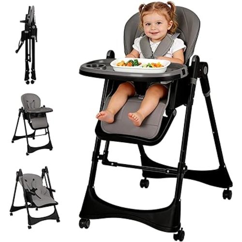 3-in-1 Baby High Chair with Soothing Rocker | Convertible Baby High Chair for Babies and Toddlers | Brake Wheels, Easy Clean, Space Saving | Adjustable, Removable Tray (Dark Grey)