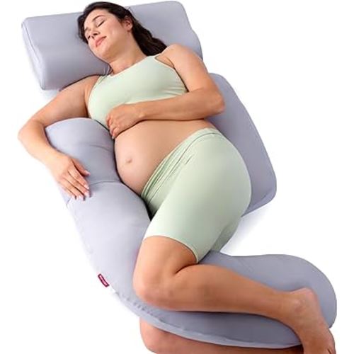 Momcozy Pregnancy Pillow with Cooling Cover, Original Detachable G Shaped Maternity Pillow with Flexible Belly Wedge Pillow, Full Body Support Pillows for Pregnant Women, Grey