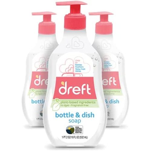 Dreft Baby, Bottle and Dish Soap, Removes Milk Film & Odor, Plant Based, Fragrance Free, 18 Fl Oz (Pack of 3, 54 Total Ounces)