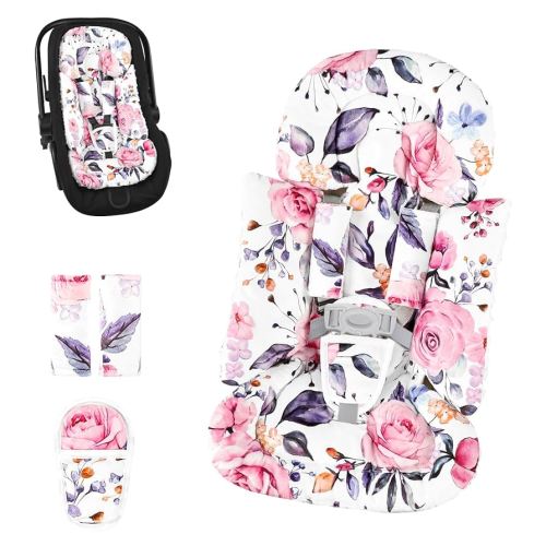 Pea Pod Infant Car Seat Insert with 3 Strap Covers, 3 in 1 Reversible Floral Baby Car Seat Head Support for Newborn, 3D Soft Minky Carseat Cushion for Preemie to Infant, Stroller, Swing, Bouncer