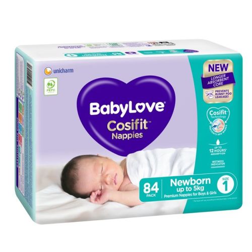 Babylove Cosifit Nappies - Jumbo Bag - Newborn - Size 1 - 84 Pack | Disposable | Baby Bunting AU