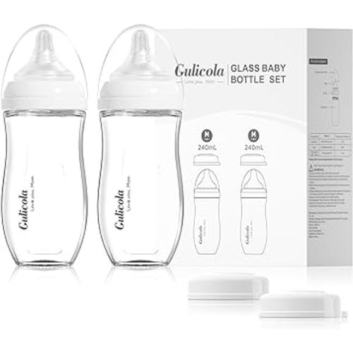 Natural Glass Baby Bottle for Breastfed Babies, Anti-Colic Baby Bottle Set with Medium Flow Nipple, 3 Months +, 8 oz, 2 Pack - White
