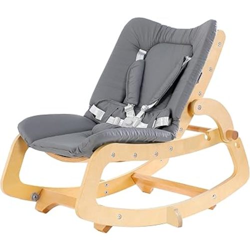 MallBest 3-in-1 Baby Bouncer Adjustable Wooden Rocker Chair Recliner with Removable Cushion and Seat Belt for Infant to Toddler (Grey)