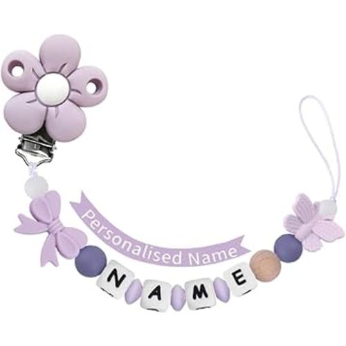 Personalized Baby Pacifier Clip with Name,Customized Name Silicone String Clip for Boy Girl (Purple)
