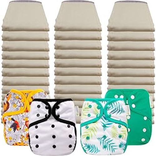 OsoCozy Economy Prefold Diaper Package - 3 Dz. Infant 4x8x4 Unbleached Better-Fit 100% Cotton Prefold Diapers (6-16 lbs) & 4 One-Size Diaper Covers (1 Zoo, 1 Fern, 1 Green, 1 Polar)