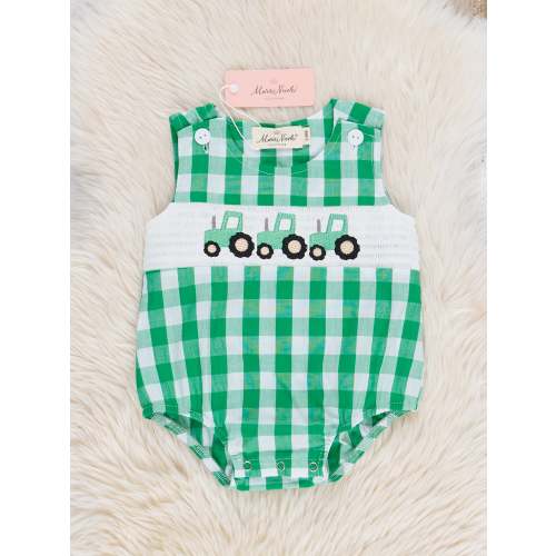 Green Gingham Smocked Tractor Bubble