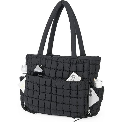 Herald Quilted Puffer Tote Bag for Women, Bubble Puffy Handbag with Compartments, Shoulder Purse for Work Travel Gym