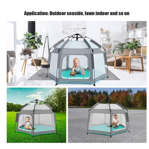 Baby Playpen with Canopy, Portable Baby Beach Tent, Toddler Play Yard Indoor and Outdoor, Foldable Mosquito Net for Infant - Grey
