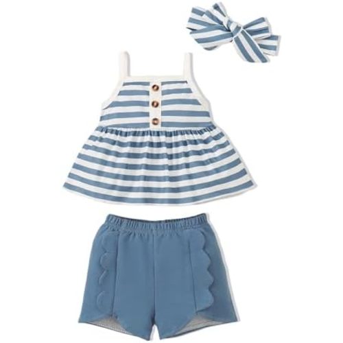 SUNNY PIGGY Toddler Baby Girls Summer Clothes Infant Newborn Outfits Stripe Tank Top Shorts Set