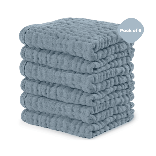 Comfy Cubs Baby Washcloths, Muslin Cotton Baby Towels, Large 10”x10” (Pacific Blue, Pack of 6)