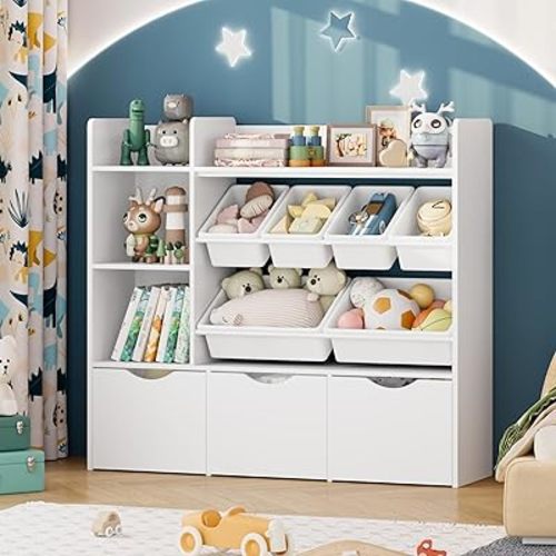Toy Storage Organizer with 3 Movable Drawers, Kids Bookshelf with 6 Plastic Bins & 2 Storage Cubbies, Toy Chest with Hidden Wheels, Toy Storage Box for Playroom, Classroom, Kids Room, White