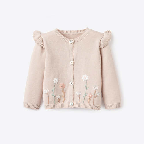 Taupe Flutter Sleeve Hand-Embroidered Baby Cardigan TAUPE / 6-9M