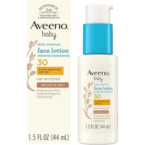 Aveeno Baby Daily Moisture Face Lotion & Mineral Sunscreen with SPF 30, Oat Enriched Face Moisturizer for Babies & Broad-Spectrum Sun Protection for Sensitive Skin, Fragrance-Free, 1.5 fl. oz