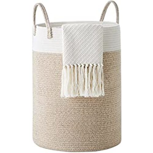 Cotton Rope Laundry Hamper by YOUDENOVA, 58L - Woven Collapsible Laundry Basket - Clothes Storage Basket for Blankets, Laundry Room Organizing, Bedroom Storage, Clothes Hamper – Brown & White